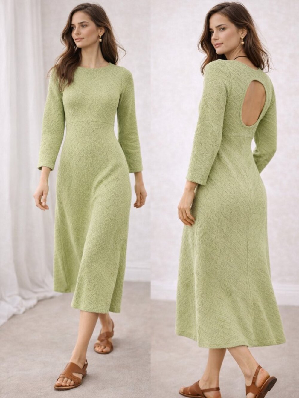 Anthropologie Free People Midi Dress Open Back Green Boho Fitted Long Sleeve